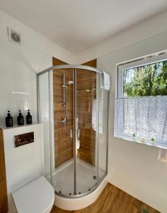 a bathroom with a shower with a toilet and a window at Leśne zacisze nad Narwią in Ostrykół Włościański +37 photos