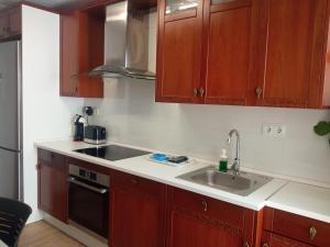 a kitchen with wooden cabinets and a sink at ELIO Murcia El Carmen in Murcia