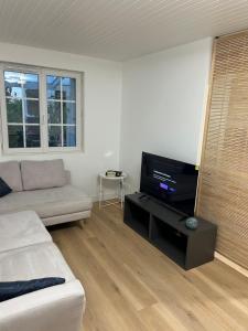 a living room with a couch and a flat screen tv at Charmante maison rénovée in Saint-Ciers-sur-Gironde