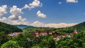 eine Stadt in den Bergen mit Bäumen und einer Kirche in der Unterkunft Bear's Den Couples Cabin Hot Tub Pets in Sautee Nacoochee