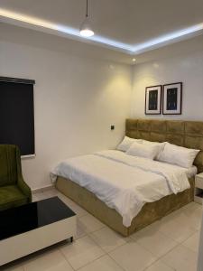 a bedroom with a bed and a couch and a tv at Executive Apartments Mabushi Abuja in Abuja