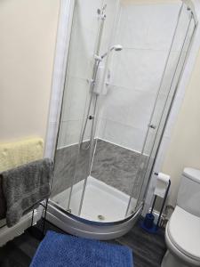 a shower with a glass door in a bathroom at Charming Wolverhampton Apartment with Private Entrance in Wolverhampton +17 photos