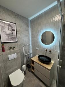 a bathroom with a sink and a toilet and a mirror at Apartament Kasztanówka w Rydzynie in Kłoda +19 photos