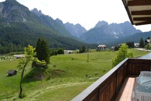 a view of a green field with mountains in the background at Appartamenti Piller Roner Roberto in Sappada