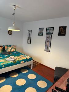 a bedroom with a bed and pictures on the wall at Casuta Alga Sulina in Sulina +48 photos