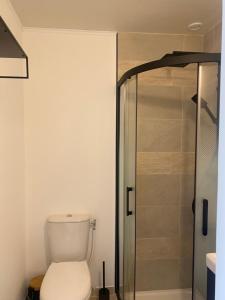 a bathroom with a toilet and a glass shower at Chambre calme in Tremblay En France