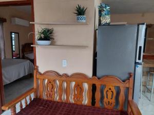 a refrigerator in a room with plants on shelves at Casa las gaviotas in Tamiahua
