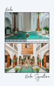 Eine Collage von zwei Bildern einer Frau in einem Schwimmbad. in der Unterkunft Nelia Marrakech, Riad Collection in Marrakesch