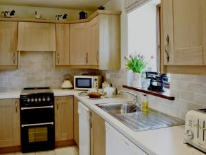 a kitchen with a sink and a stove at Ystumgwern Luxury Barn Conversions in Dyffryn