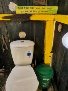 a bathroom with a toilet and a green bucket at Chowa lodge in Nuquí +44 photos