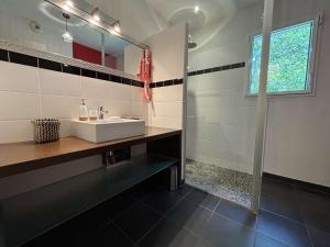 a bathroom with a sink and a shower at Maison charmante, proche plages de l'Ile-Tudy, calme garanti - FR-1-481-180 in Combrit +26 photos