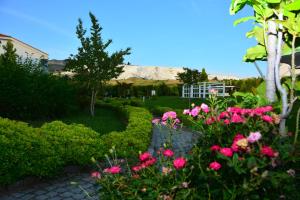 un jardín con flores rosas y arbustos verdes en Tripolis Hotel, en Pamukkale