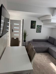 a living room with a table and a couch at Mineral Zafír apartman in Nyíregyháza