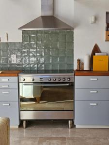 a kitchen with a stainless steel oven with green tiles at Gartenhaus Schlanstedt in Schlanstedt