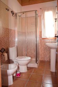 e bagno con servizi igienici, doccia e lavandino. di Apartamentos Paraje San Gines ad Andújar