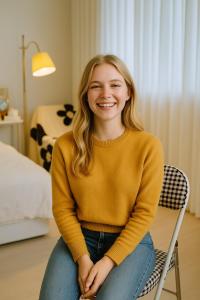 una mujer sentada en una silla en una habitación en Cozy guesthouse, 10 minutes from SNU Entrance Station, accommodation in Sharosu-gil, OTT, Nespresso machine, within 25 minutes by subway to Hongdae, Gangnam, Seongsu, Gwanaksan, up to 5 people, en Seúl