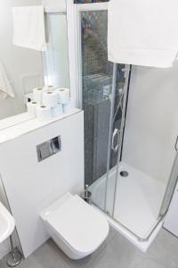 a white bathroom with a toilet and a shower at Central Studio by Museum and Old Town in Prague