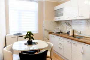 a kitchen with a table with a potted plant on it at Centar Komfor Apartment in Valjevo +28 photos