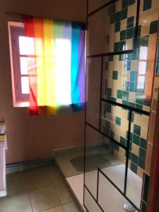 ein Badezimmer mit einer Glasdusche mit einem bunten Fenster in der Unterkunft Auberge du Lama Zébré in Penmarcʼh