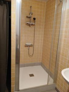 a shower with a glass door in a bathroom at Les Hortensias in La Poultière +11 photos