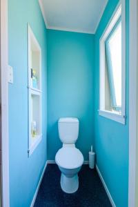 a blue bathroom with a toilet and a window at Te Kōpuha in Tora +17 photos