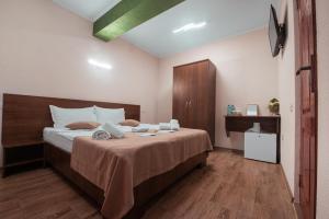 a bedroom with a large bed with a wooden headboard at Vila Amir Vama Veche in Vama Veche