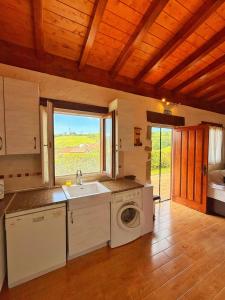 a kitchen with a sink and a washing machine at La casita de Vera in Cabezón de la Sal