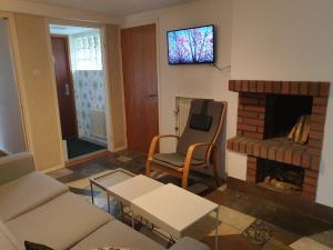 ein Wohnzimmer mit Couch und Kamin in der Unterkunft Cozy apt in 50s villa 10 min tram ride to city in Göteborg