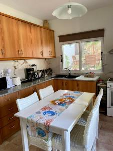 a kitchen with a white table with chairs and a counter at Alexas Apartment in Myrina