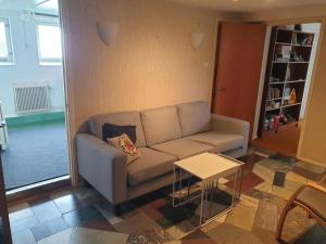 ein Wohnzimmer mit Sofa und Tisch in der Unterkunft Cozy apt in 50s villa 10 min tram ride to city in Göteborg