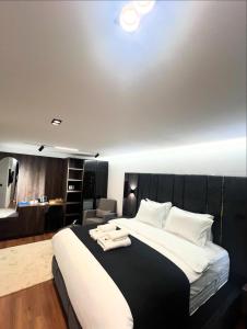 a bedroom with a large bed with a black headboard at Hotel Europa Prishtina in Prishtinë +49 photos
