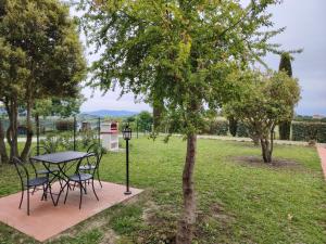 a table and chairs in a park with a tree at Casa i Cipressi in SantʼAnastasio