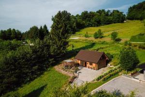 eine Draufsicht auf ein Holzhaus auf einem Feld in der Unterkunft Chalet -VV in Podčetrtek