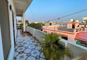 a balcony with a palm tree on top of a building at Cozy Corner by Tulsi Homestay in Haldwāni