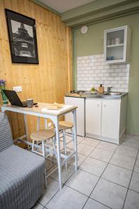 a kitchen with a table and chairs and a table and a counter at Fanta flat France Suisse in Saint-Louis