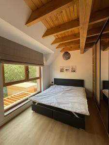 a bedroom with a bed and a large window at Czyżyk - Apartamenty Rydzewo in Rydzewo