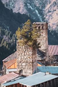 a stone building with a tree on top of it at Bata GuesThouse in Adishi