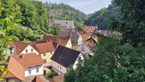 a view of a town with houses and trees at Gemütliches Ferienhaus "Glück" mit Gartensauna - Ideal für Familien & Paare in Ziegenrück