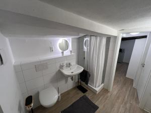 a bathroom with a sink and a toilet and a mirror at Fachwerk Duck Dich in Melsungen +29 photos