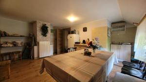 a living room with a table and a kitchen at Agroturystyka u Joli in Polanica-Zdrój