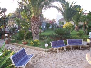 three blue chairs and a palm tree in a yard at Villa Chiara - Vittoria in Vittoria