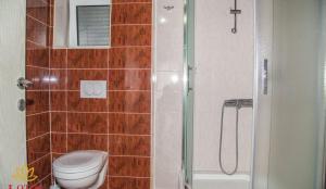 une salle de bain avec toilettes et douche en verre dans l'établissement Lotos - family stan, à Bar