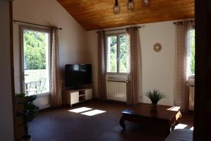 a living room with a tv and two windows at Maison Garde Barriere in Canilhac