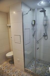 a shower stall in a bathroom with a toilet at Ubytovanie s výhľadom v blízkosti centra mesta in Rimavská Sobota