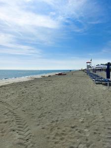 a beach with blue beach chairs and the ocean at Belemi's House 