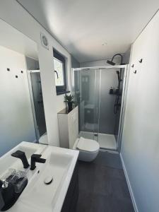 マリ・ロシニにあるSea view Lunesa by Vellaris, Luxury Mobile Homeのトイレ、洗面台、シャワー付きのバスルーム