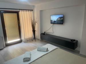 ストルガにあるLake apartmentsのリビングルーム(壁掛け式薄型テレビ付)