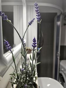 a vase with purple flowers sitting on a sink at Il Dolce Tramonto Apartment in Trinità dʼAgultu