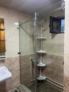 a bathroom with a shower with a glass door at Milikbek Dodikhudo in Khorog