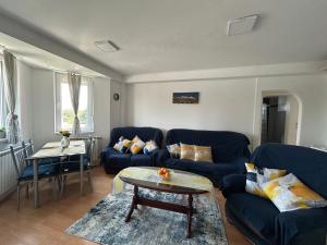 a living room with blue couches and a table at Nikolovi Apartment in Skopje